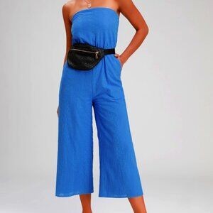 Lulus Sunlight Special Blue Embroidered Strapless Jumpsuit - Size XS